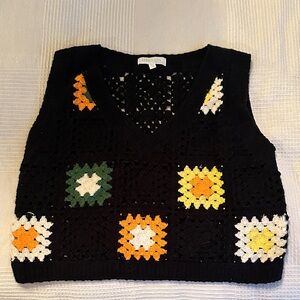 Arlequin Black Multicolor Crochet V-Neck Sweater Vest